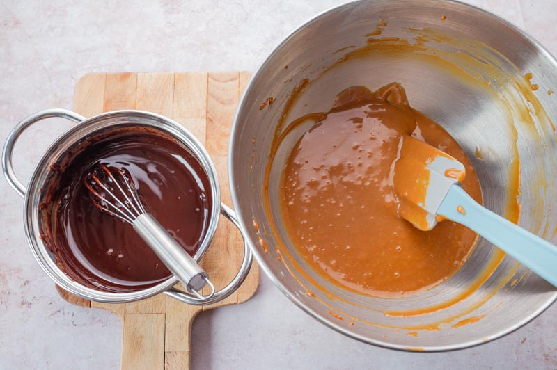 Dulce de leche cream and chocolate ganache in a bowl.