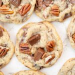 Overhead photo of chocolate chip pecan cookies.