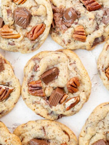 Overhead photo of chocolate chip pecan cookies.