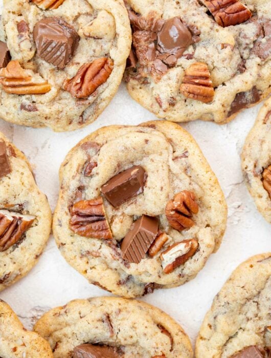 Overhead photo of chocolate chip pecan cookies.