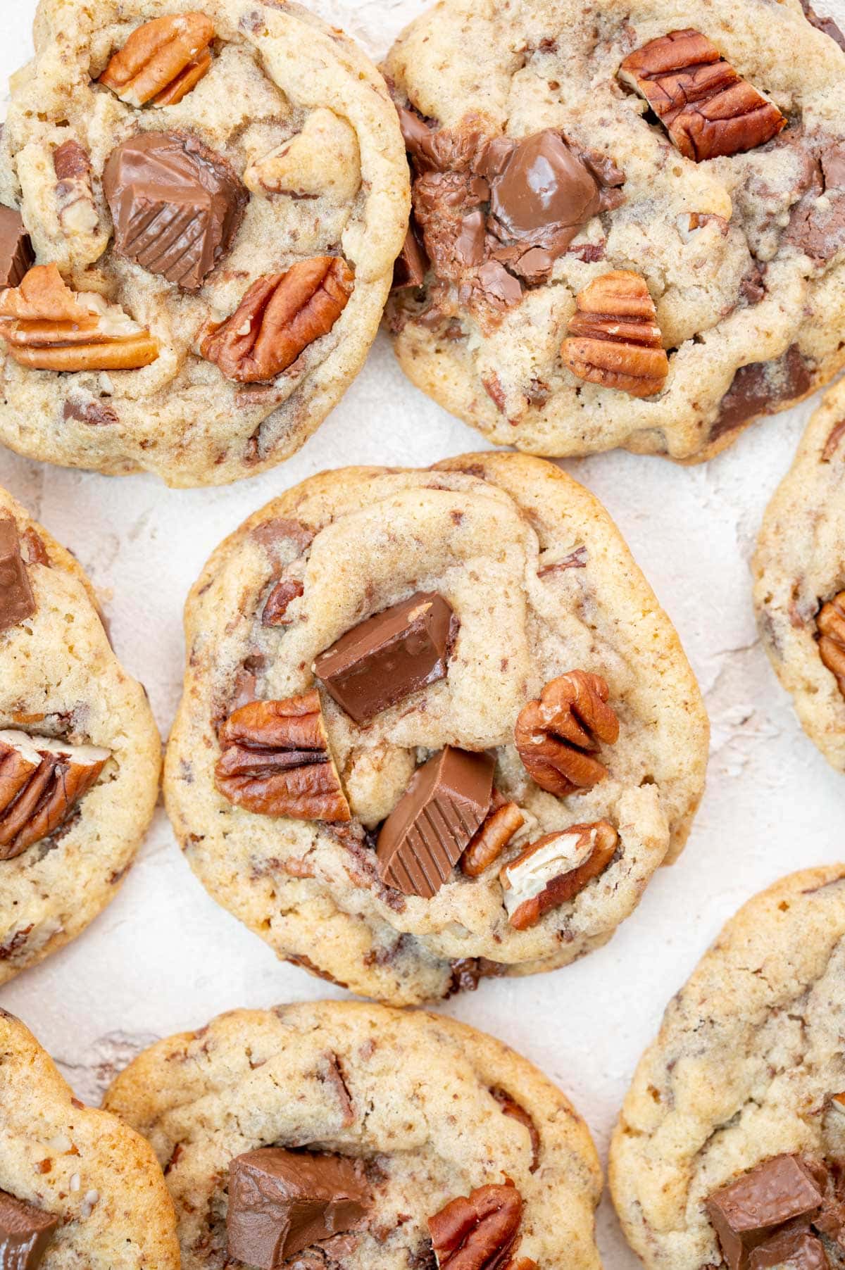 An overhead photo of chocolate chip pecan cookies.