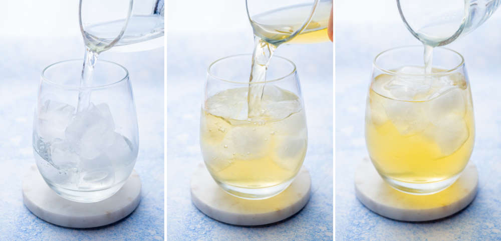 A collage of 3 photos showing how to make pineapple vodka drink step by step.