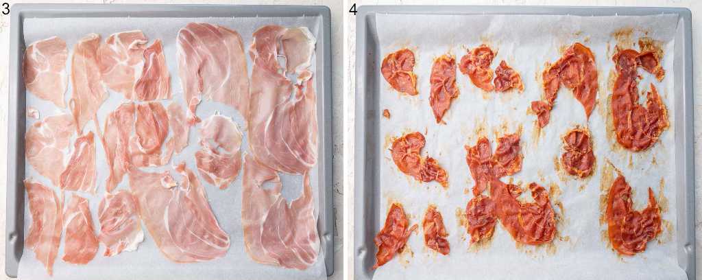 Prosciutto on a baking sheet.