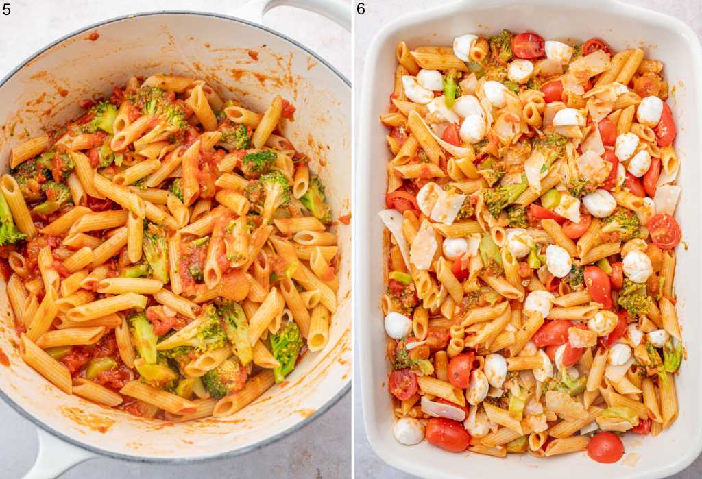 Cheesy Tomato Broccoli Pasta in a pot and in a white baking dish ready to be baked.