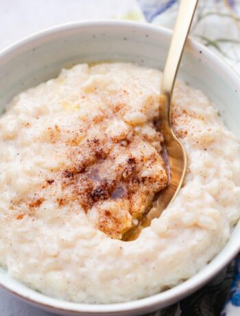 Milchreis in a white bowl topped with cinnamon sugar.