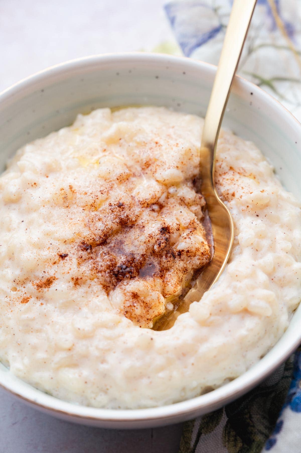 Milchreis topped with cinnamon sugar and melted butter in a white bowl.