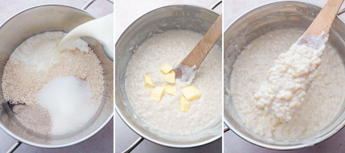 A collage of 3 photos showing how to make Milchreis.