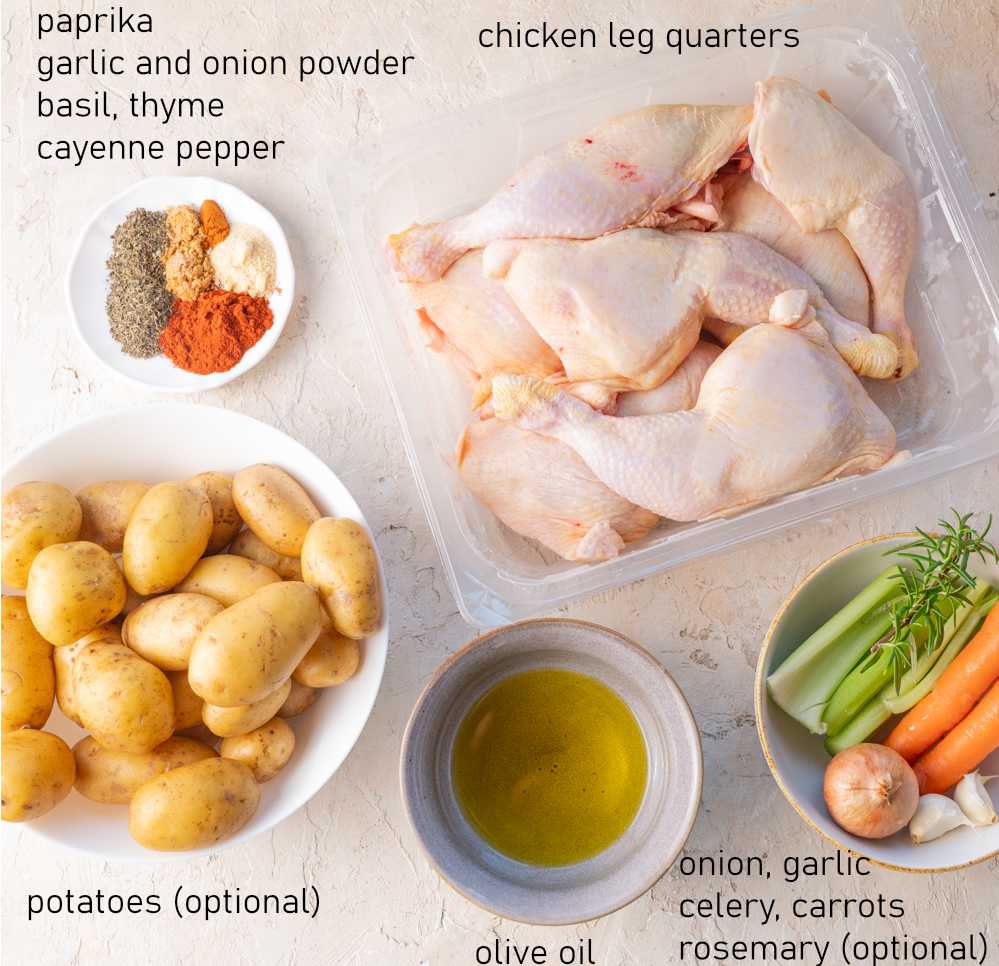 Labeled ingredients for baked chicken leg quarters.