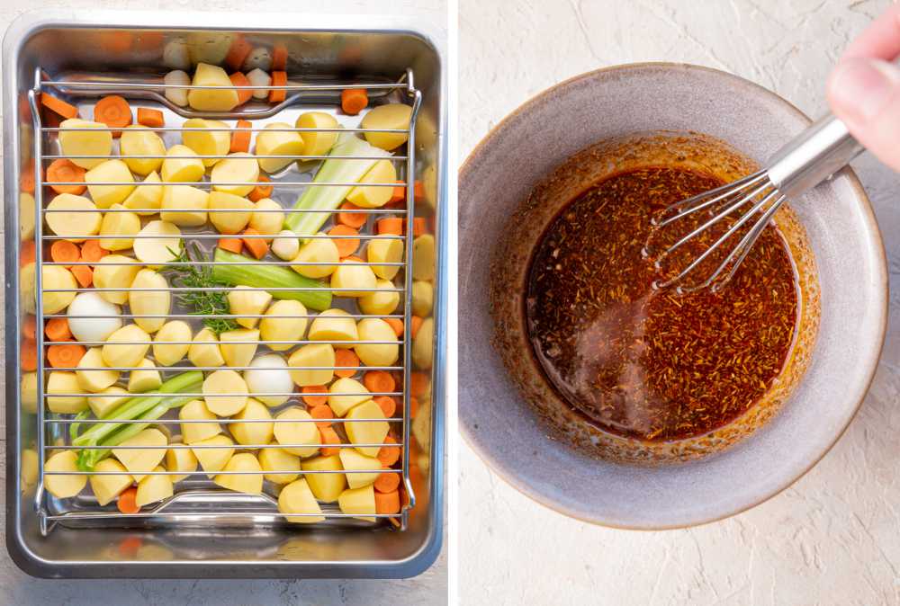 Chopped vegetables in a large baking pan. Olive oil with spices in a bowl.