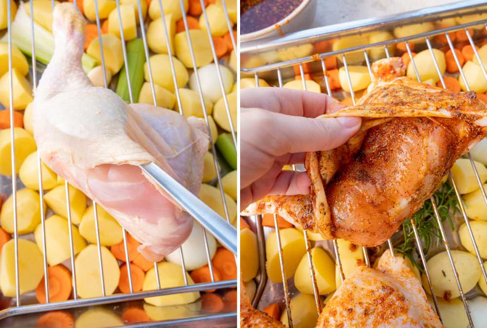 Skin is being loosened from a chicken leg with a spoon. Chicken leg is being rubbed with spice mix.