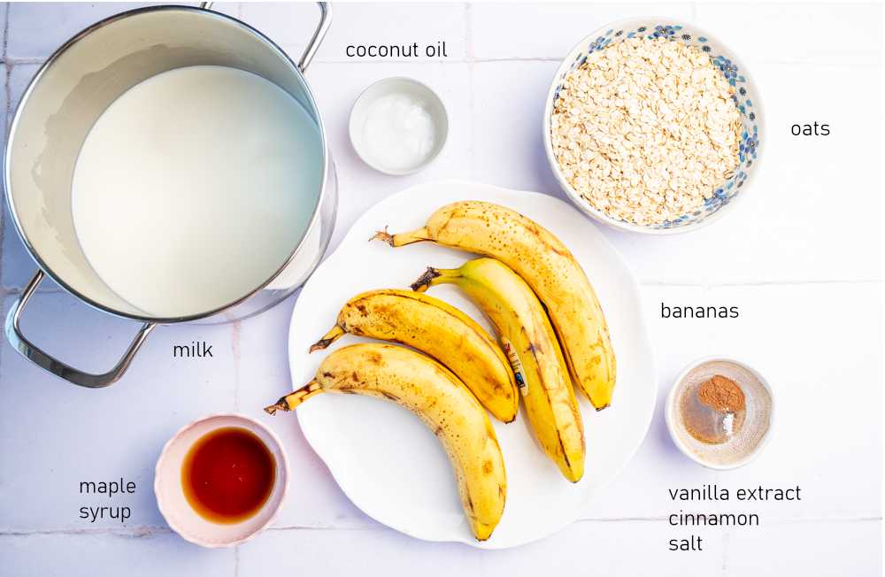 Labeled ingredients for banana oatmeal.