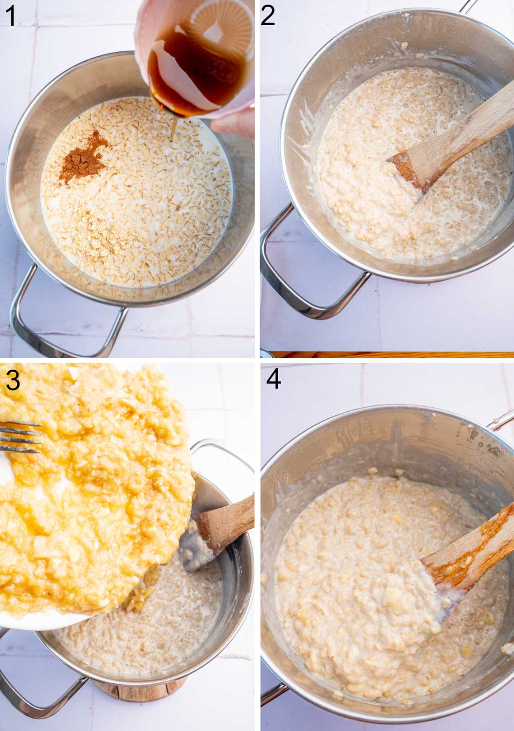 A collage of 4 photos showing how to prepare banana oatmeal step by step.