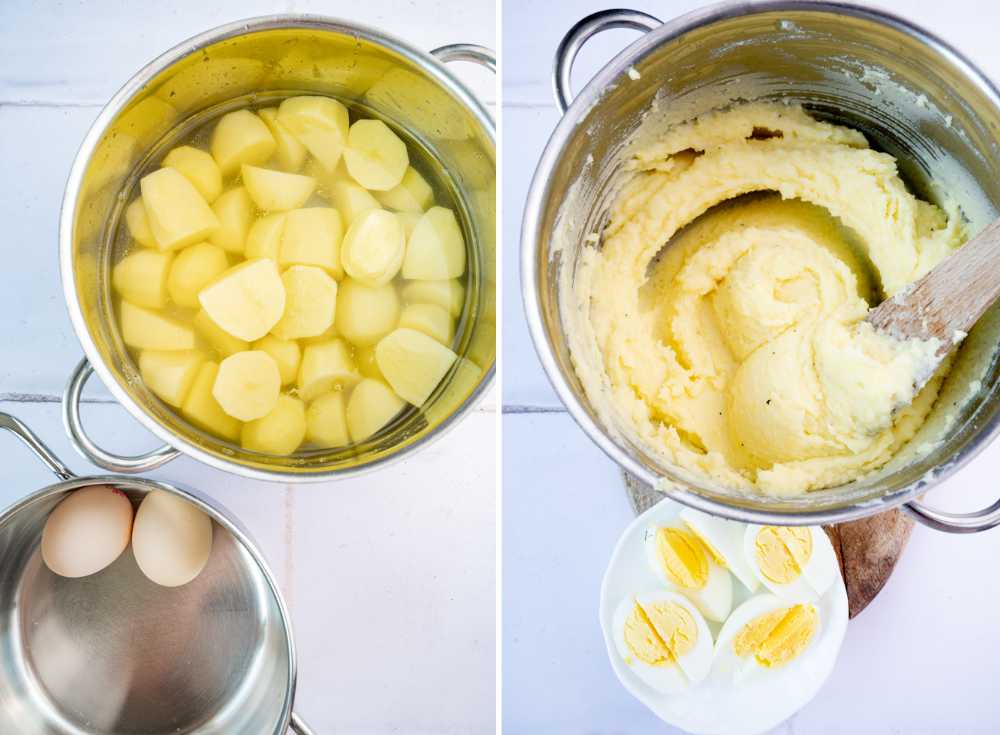 Potatoes and eggs in a pot. Mashed potatoes in a pot. Hard-boiled eggs on a plate.