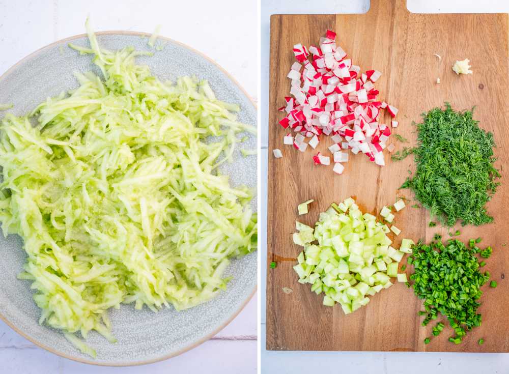 Shredded cucumber on a  plate. Diced cucumbers, radishes, chopped dill and chives on a wooden board.