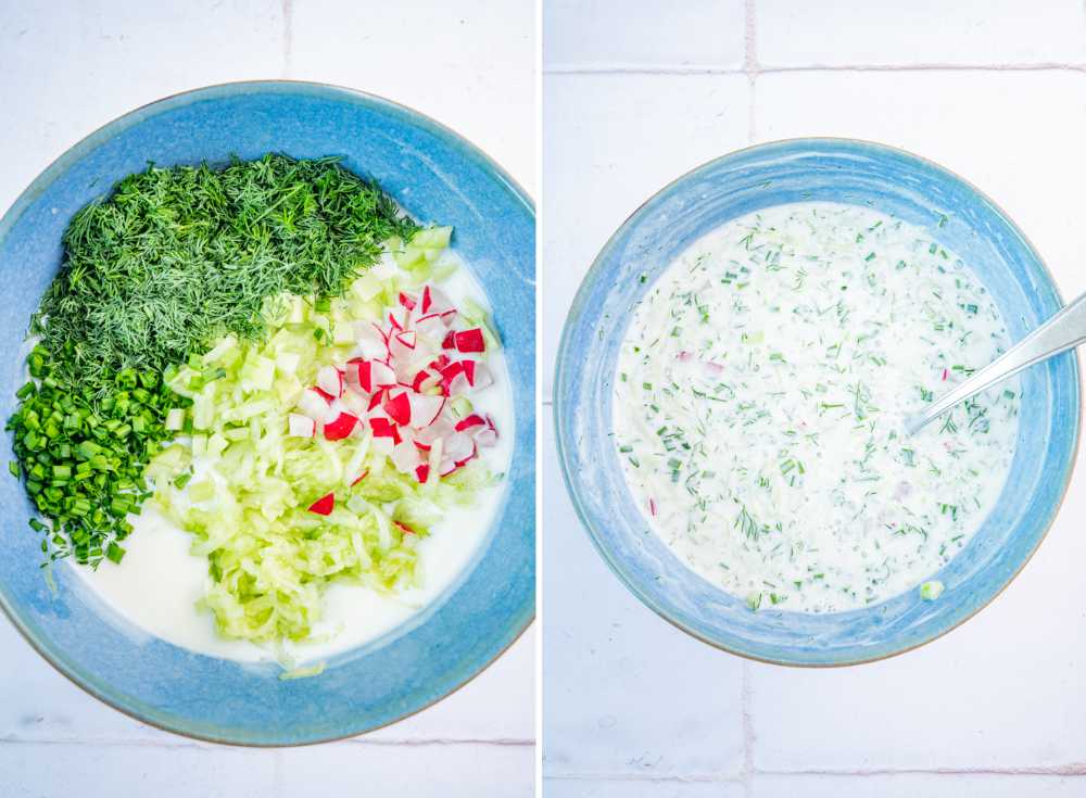 Cold cucumber soup in a blue bowl.