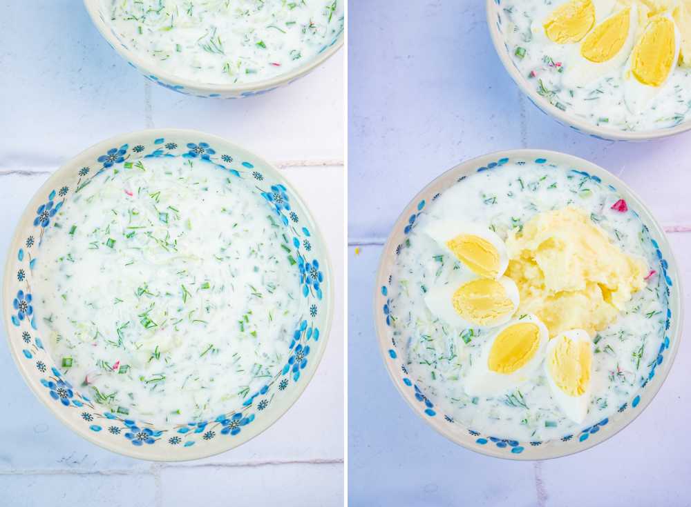 Chlodnik soup in a bowl topped with mashed potatoes and eggs quarters.