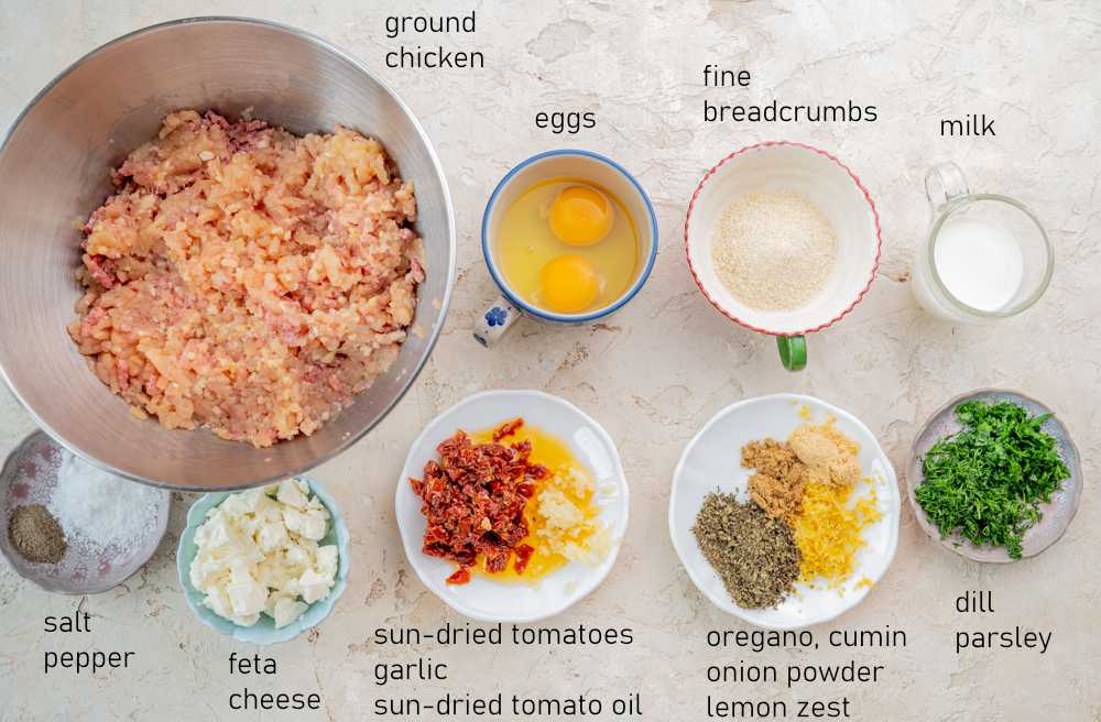 Labeled ingredients for Greek Chicken Meatballs.