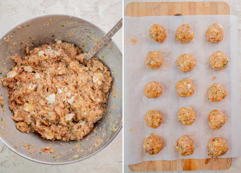 Greek Chicken Meatballs meat mixture in a bowl. Greek Chicken Meatballs ready to be cooked on a piece of parchment paper.