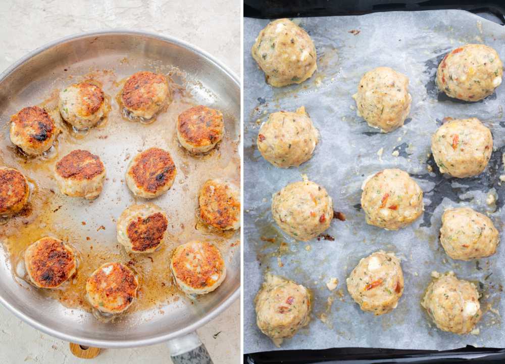 Greek Chicken Meatballs are being pan-fried. Meatballs on a baking sheet.