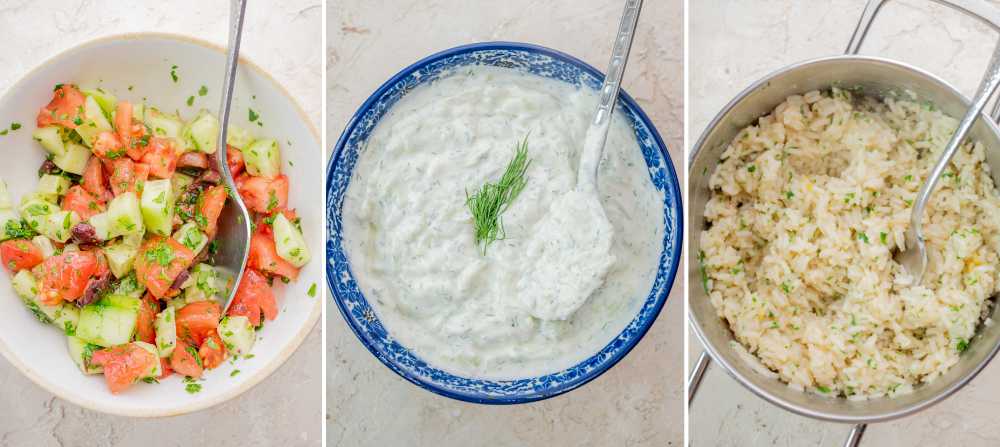 Tomato cucumber salad, tzatziki dip and lemon garlic rice in bowls.