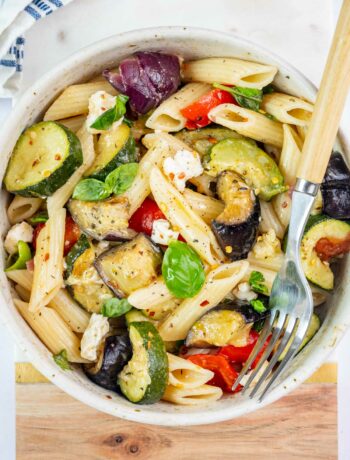 Roasted Vegetable Pasta in a white bowl.