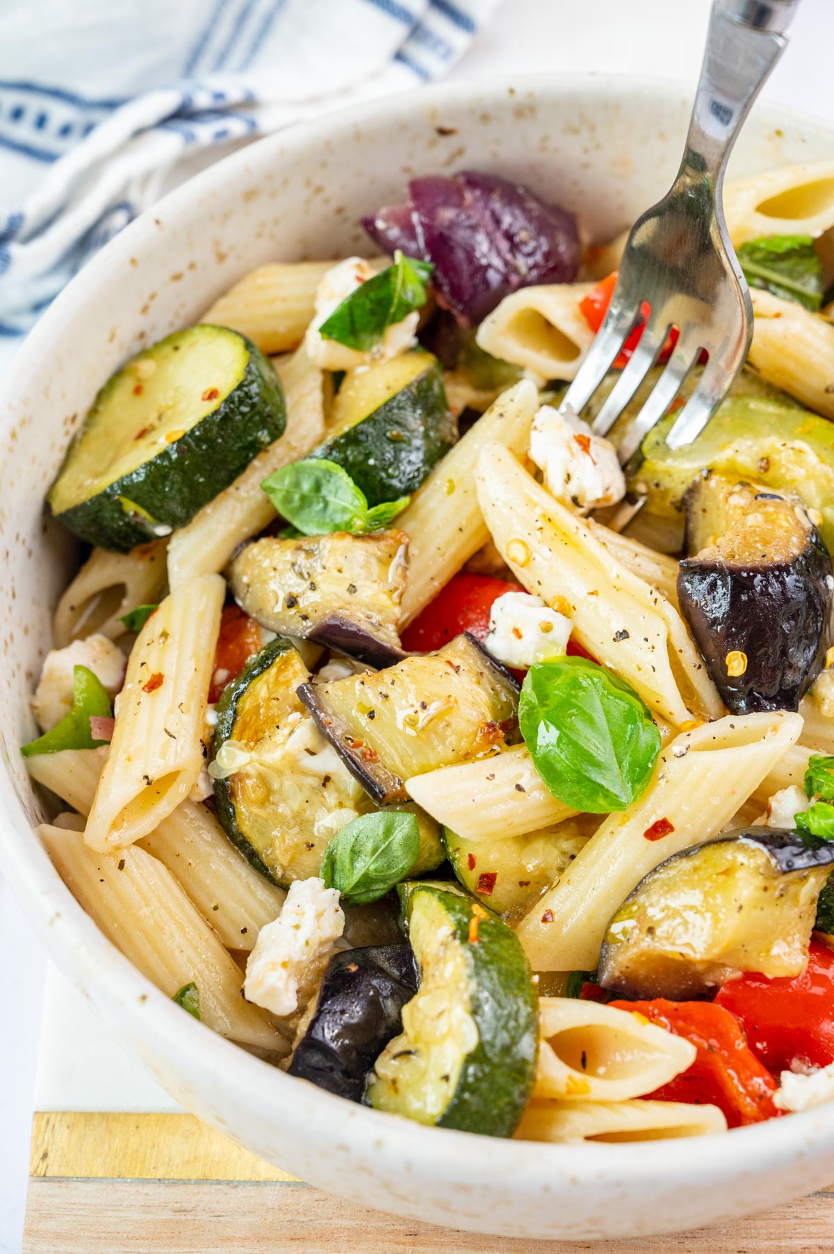 Roasted Vegetable Pasta in a white bowl.