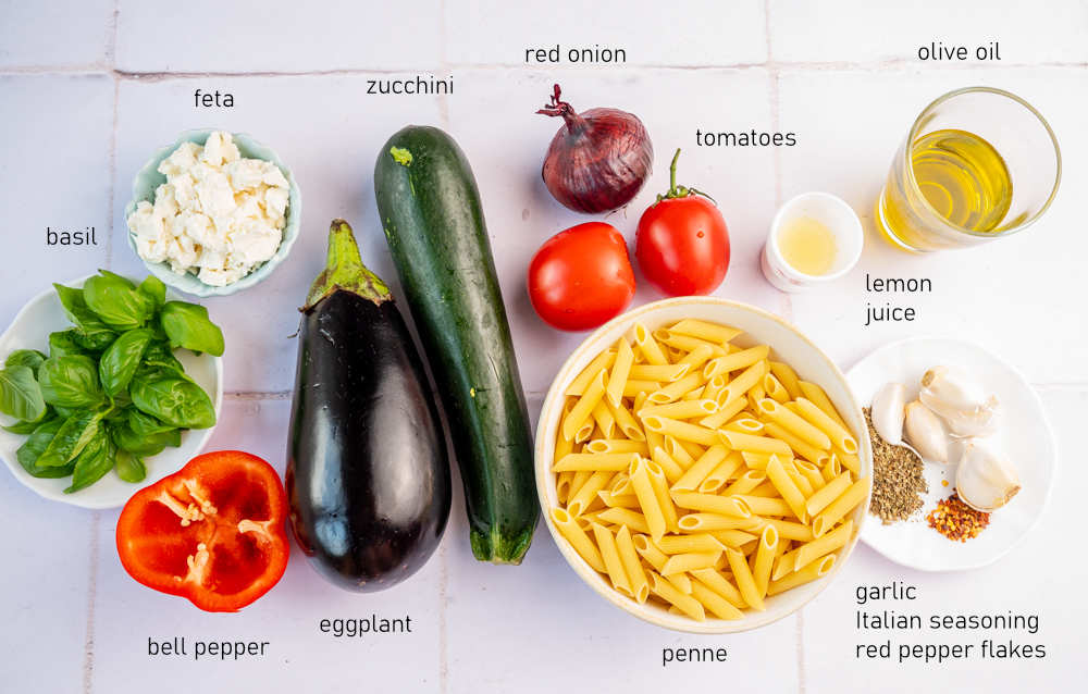 Labeled ingredients needed for Roasted Vegetable Pasta.