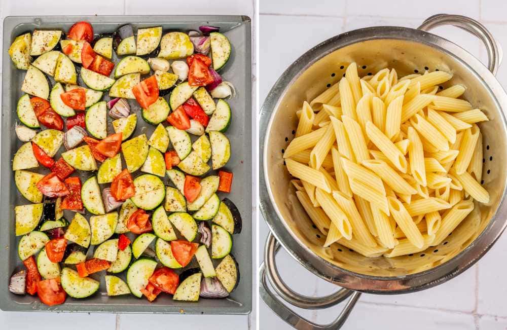 Chopped vegetables on a baking sheet. Cooked pasta in a colander.