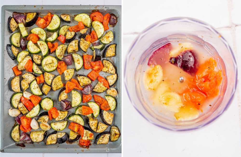 Roasted vegetables on a baking sheet. Ingredients for sauce in a food processor.