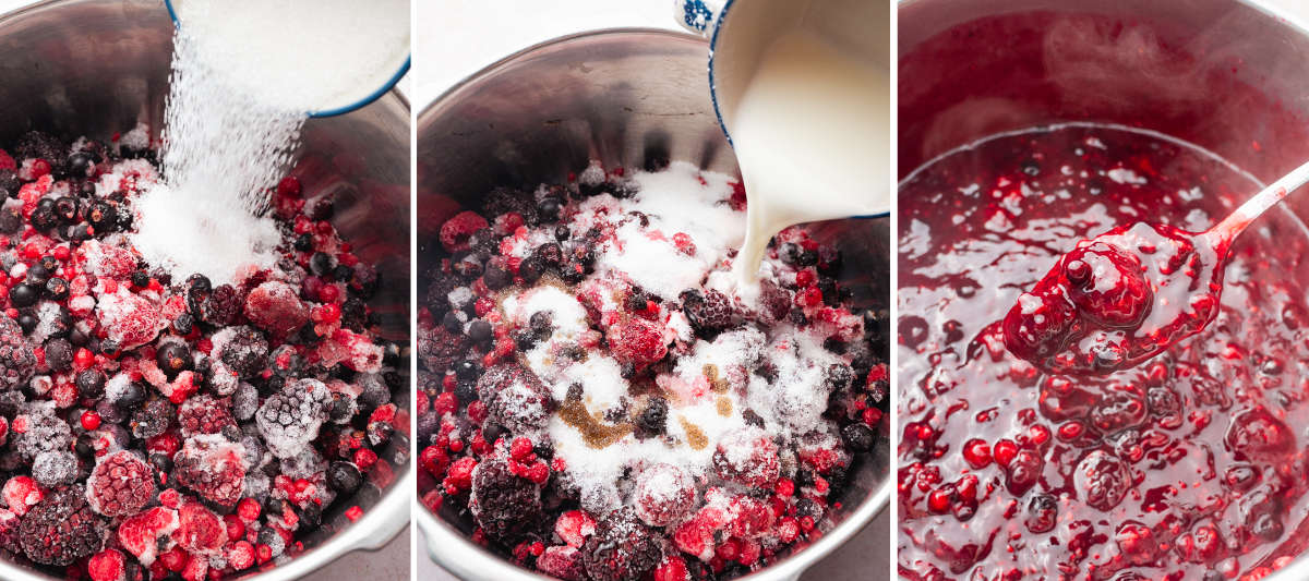A collage of 3 photos showing how to make berry compote (Rote Grütze).