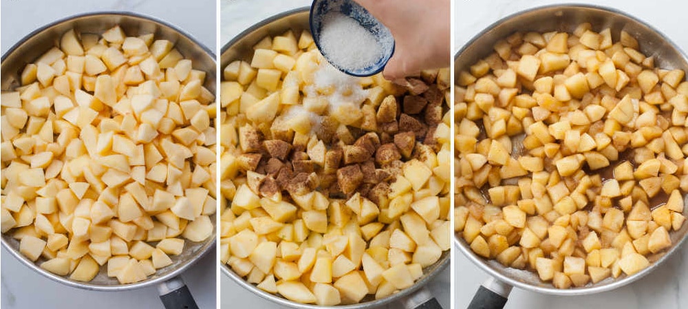 A collage of 3 photos showing how to make sauteed cinnamon apples.