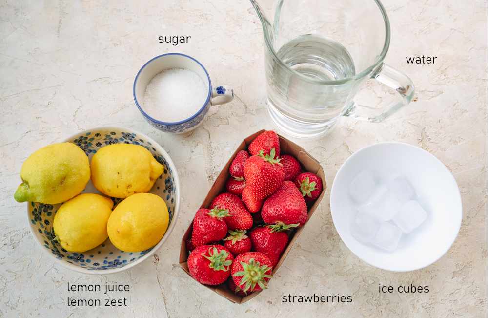 Labeled ingredients for strawberry lemonade.