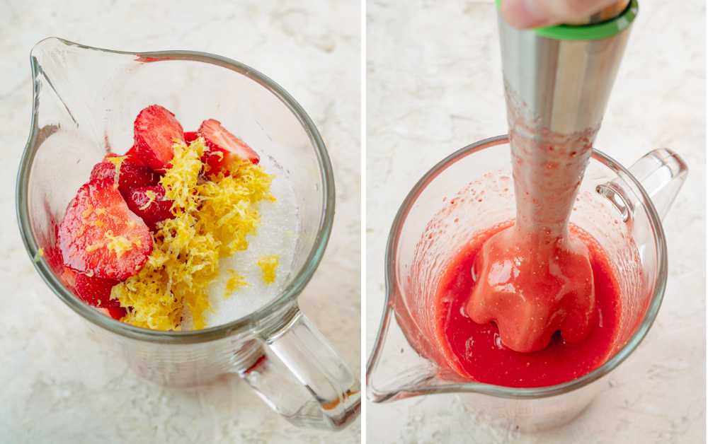 Strawberries, lemon zest, and sugar in a pitcher. Strawberry puree is being mixed with hand blender.