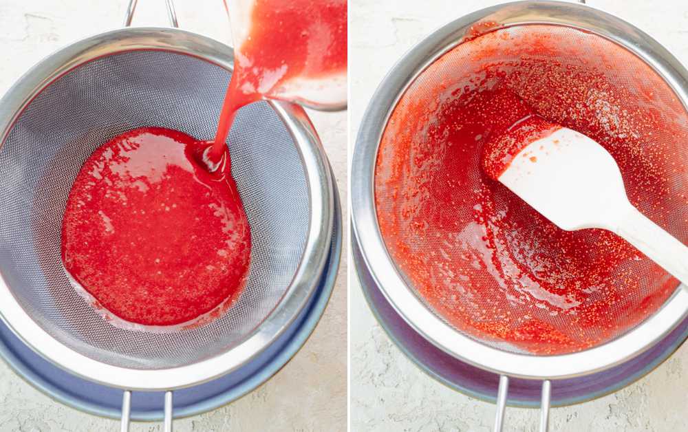 Strawberry puree is being strained through a fine mesh strainer.