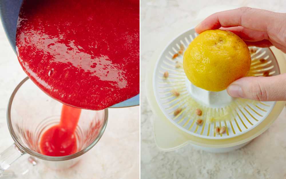 Strawberry puree is being added to a pitcher. Lemons are being juiced.