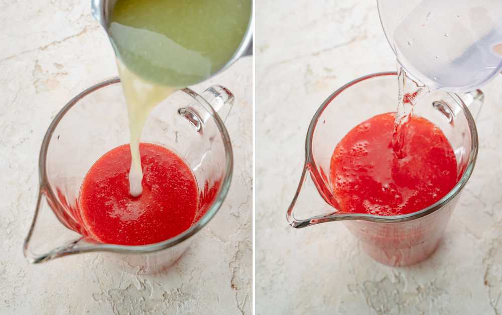 Lemon juice and water are being added to a pitcher with strawberry puree.