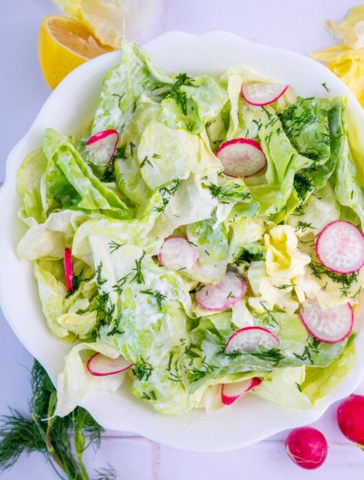 Butter lettuce salad in a white bowl.