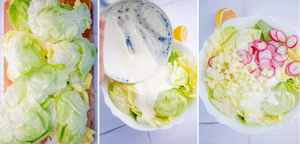 A collage of 3 photos showing how to make butter lettuce salad step by step.