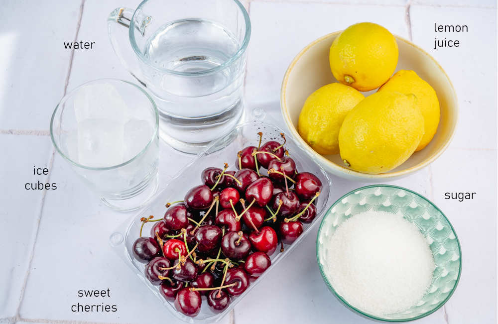 Labeled ingredients for cherry lemonade.