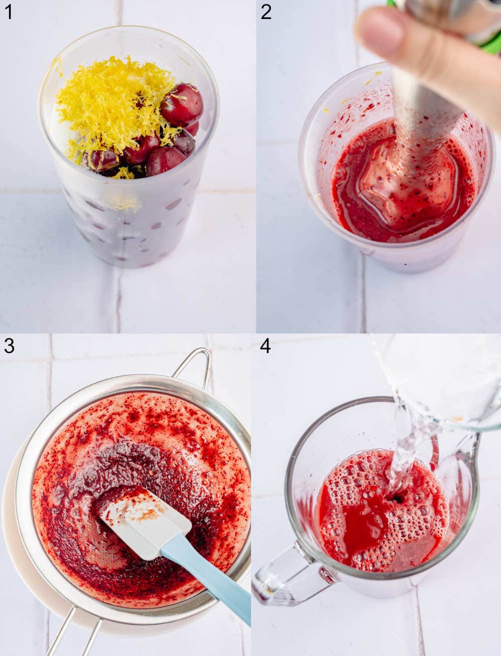 A collage of 4 photos showing how to make cherry lemonade step by step.