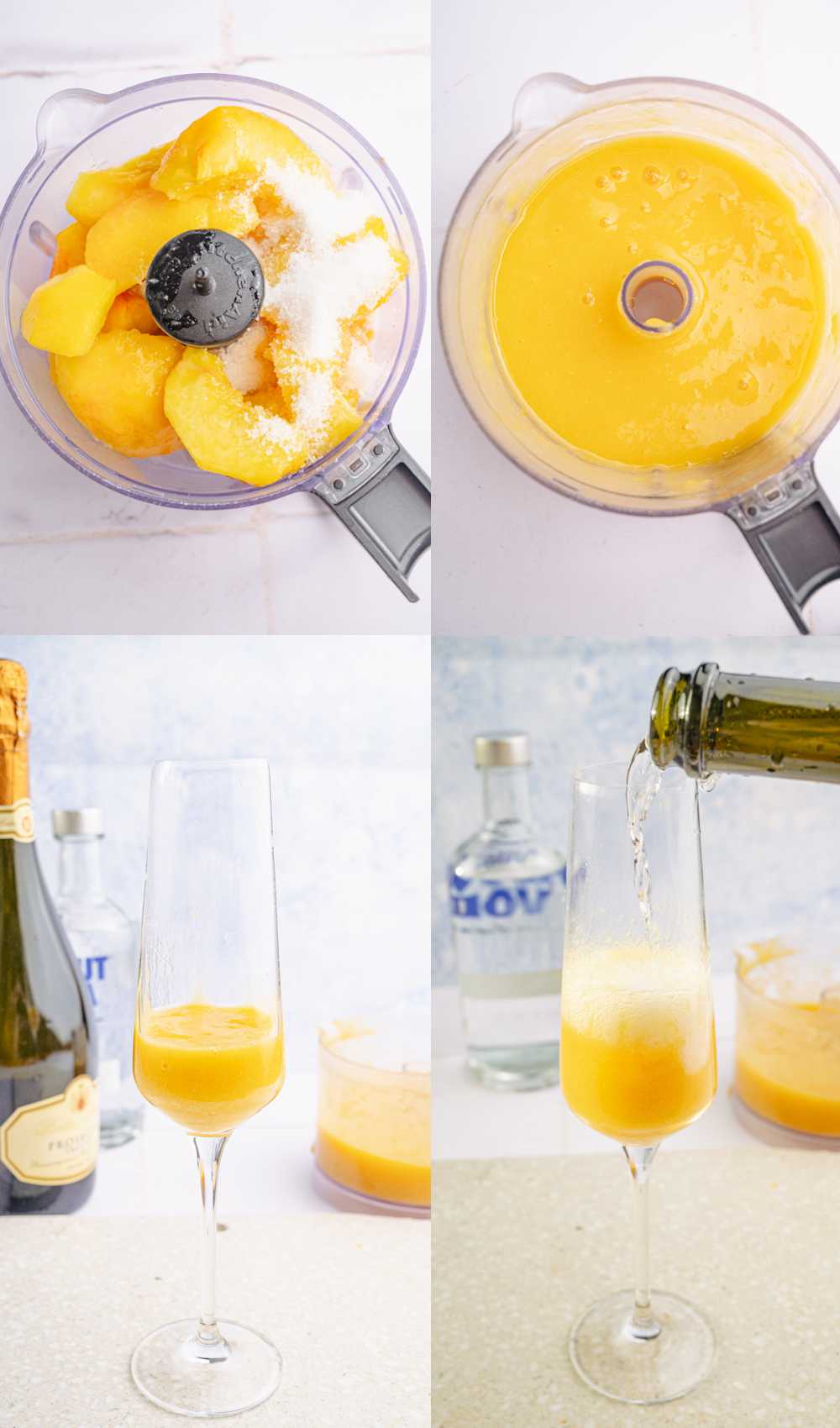 A collage of 4 photos showing how to make peach bellini step by step.