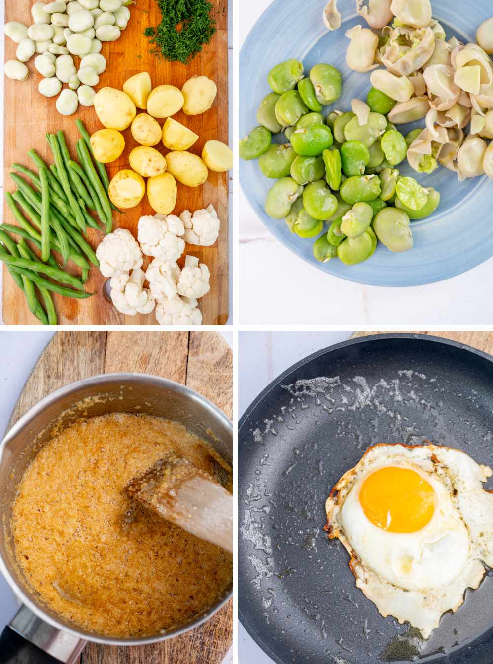 A collage of 4 photos showing how to make Polish summer dinner step by step.