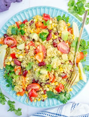 Southwest quinoa salad in a blue plate.