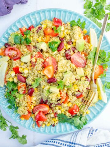 Southwest quinoa salad in a blue plate.