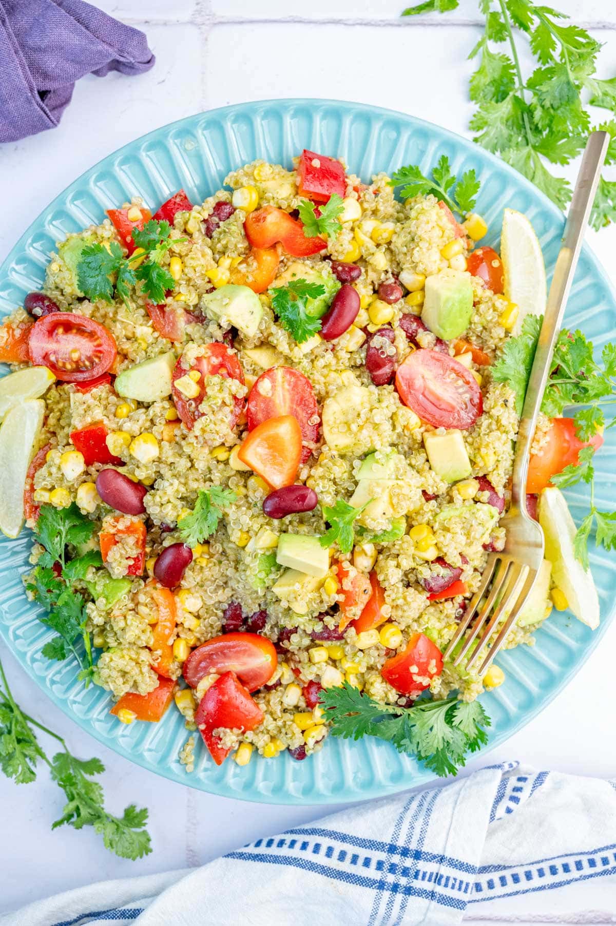 Southwest quinoa salad on a blue plate.