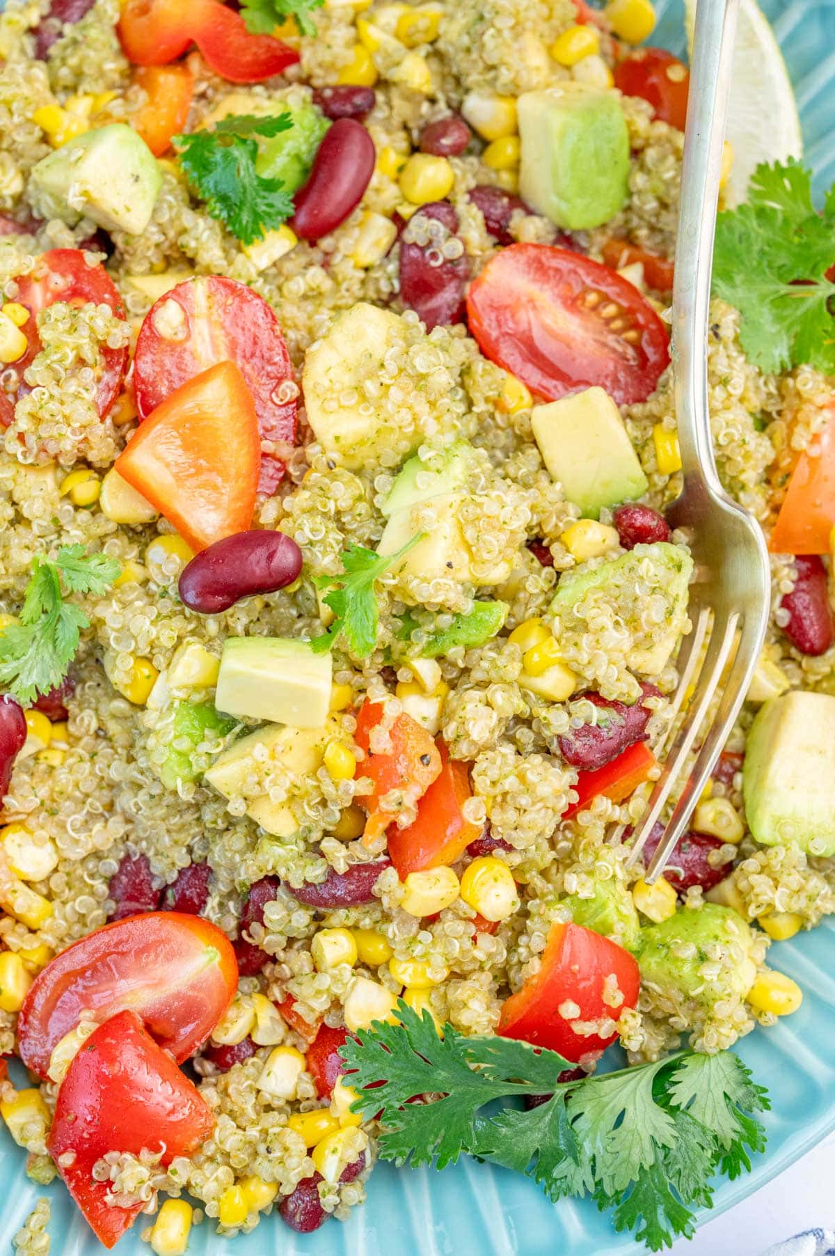 A close-up photo of southwest quinoa salad on a blue plate.