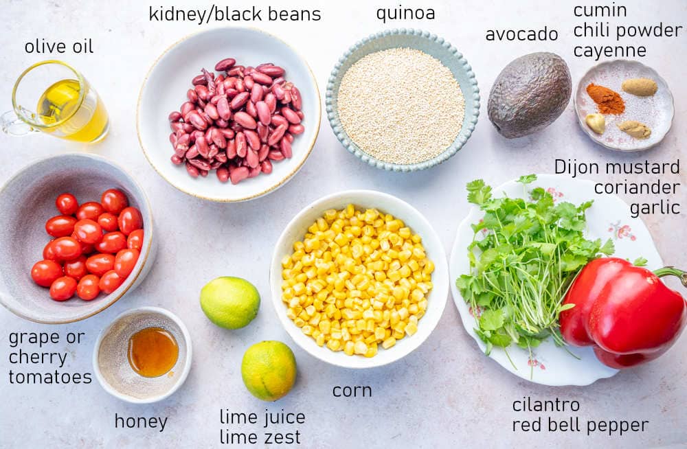 Labeled ingredients for southwest quinoa salad.
