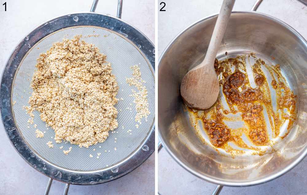 Rinsed quinoa on a sieve. Saueteed spices in a pot.