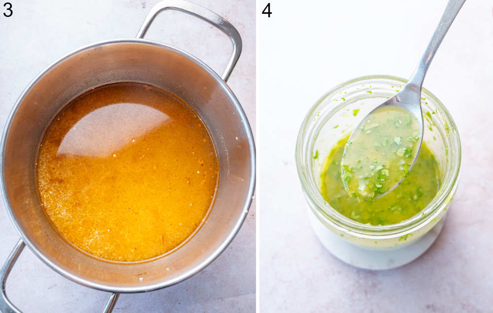 Quinoa with water in a pot. Cilantro lime vinaigrette in a jar.