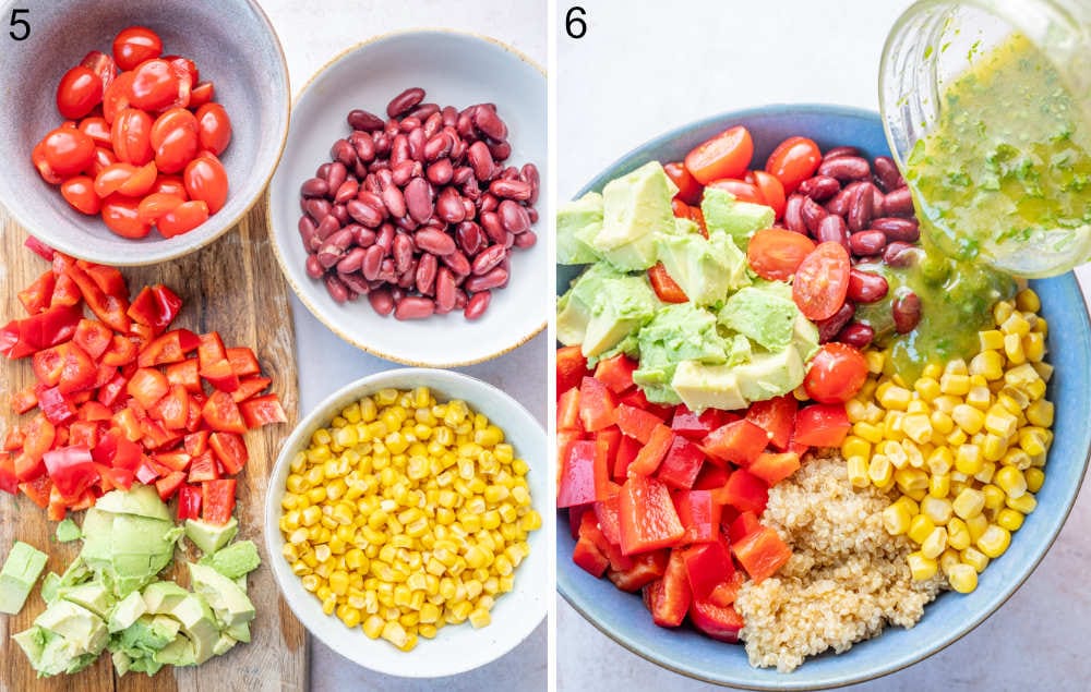 Chopped vegetables for a salad. Vinaigrette is being added to chopped vegetables in a blue bowl.